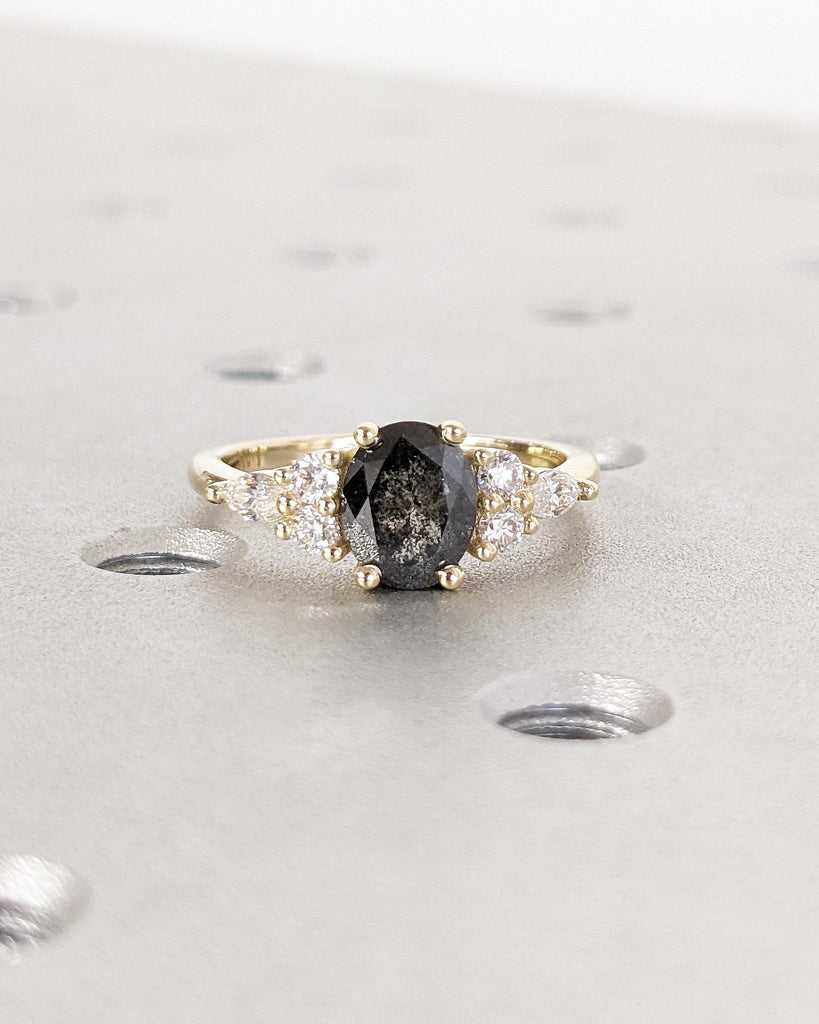 Galaxy Salt and Pepper Diamond Oval Engagement Ring, Diamond Cluster Multi-Stone Wedding Ring, 14K Yellow Gold Salt and Pepper Diamond Ring