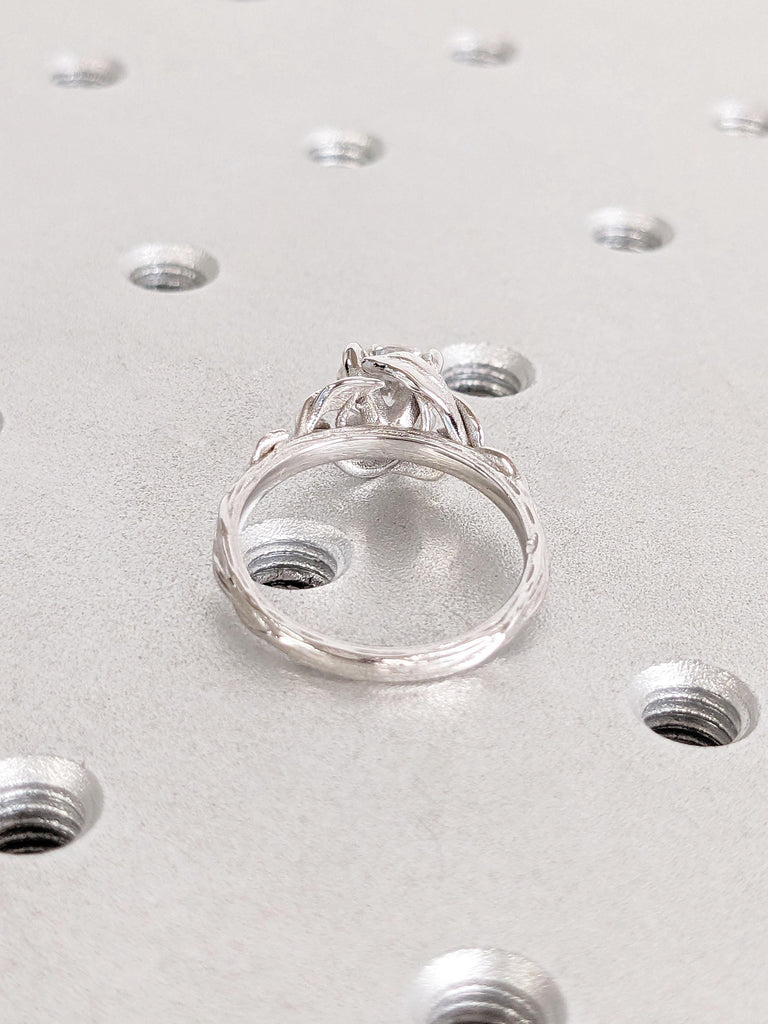VVS White Moissanite Ring | 18k White Gold Engagement Ring | Round cut Moissanite Solitaire | Rustic Engagement Ring | Leaf and Twigs Ring