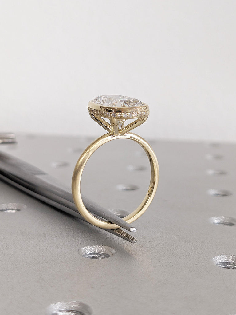 Cushion Cut Moissanite Engagement Ring, Art Deco 14K Yellow Gold Promise Ring, Unique Hidden Halo Moissanite Ring, Wedding Anniversary Gift