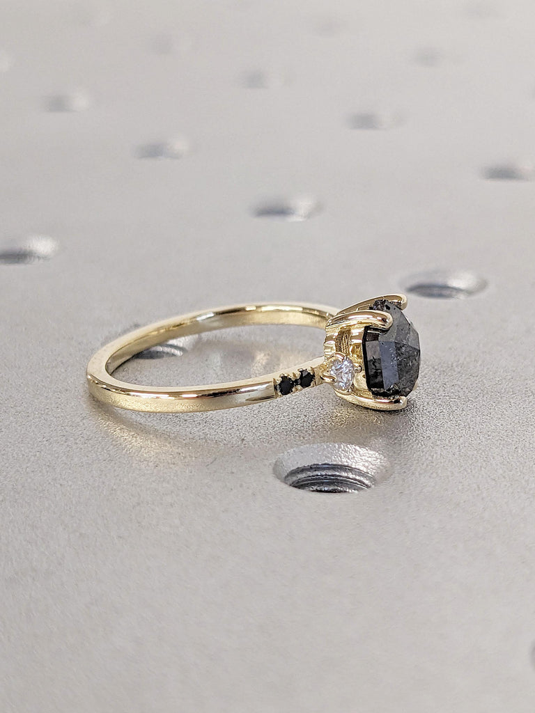 Salt and Pepper Diamond Engagement Ring | Vintage Wedding Ring | Solitaire Ring Unique Yellow Gold Ring | Art Deco Wedding Anniversary Ring