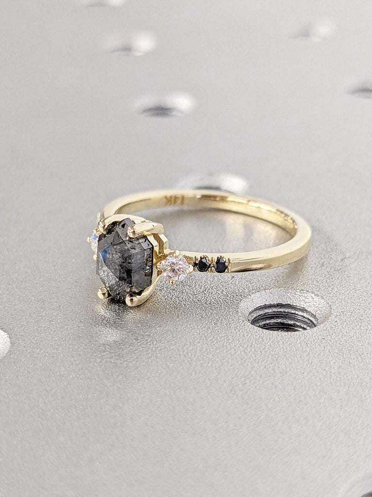 Salt and Pepper Diamond Engagement Ring | Vintage Wedding Ring | Solitaire Ring Unique Yellow Gold Ring | Art Deco Wedding Anniversary Ring