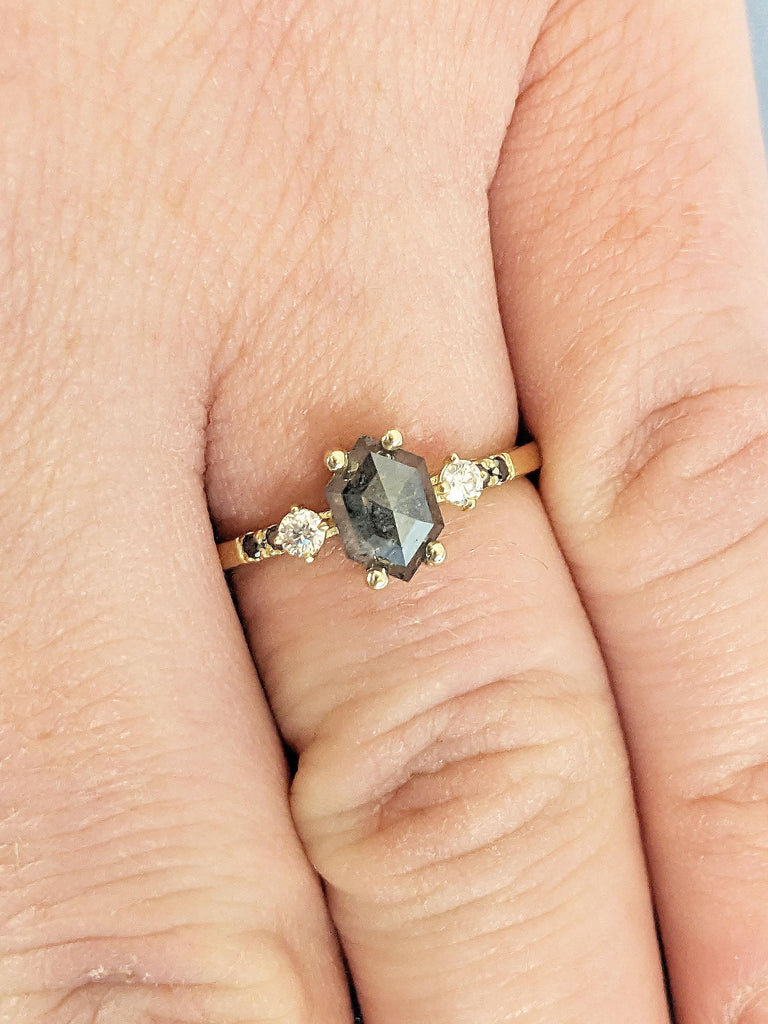 Round and Hexagon cut Engagement Ring | Dainty Diamond Promise Ring | 14k Yellow Gold Black Diamond Ring | 1.5 Carat Engagement Ring
