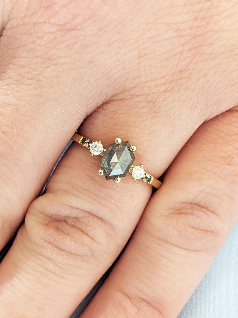 1.5ct Salt & Pepper Black Diamond Ring, Grey Diamond Engagement Ring, Natural Diamond Cluster, Hexagon Diamond Ring