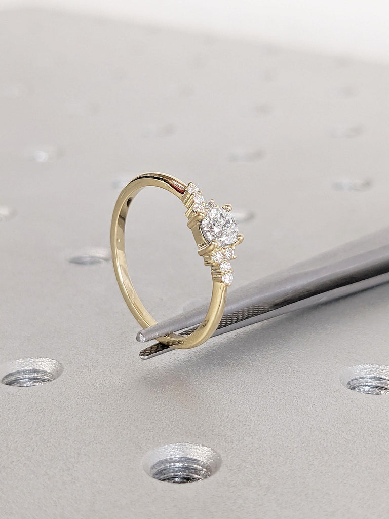 14k Gold Engagement Ring | Moissanite Cluster Engagement Ring | Cushion cut Ring
