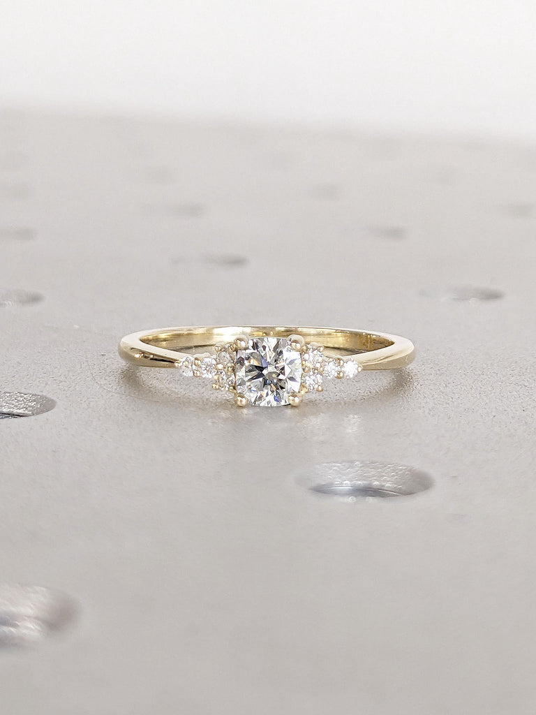 Cushion cut Moissanite Engagement Rings for Women | Lab Diamond Cluster Engagement Ring | 14k Yellow Gold Moissanite and Diamond Jewelry