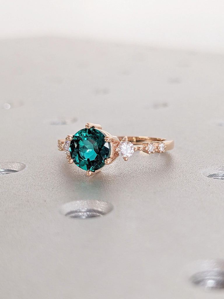 1 Carat Green Emerald Ring | Round cut Lab Emerald Promise Ring | Moissanite Cluster Ring | Solid Rose Gold Engagement Ring