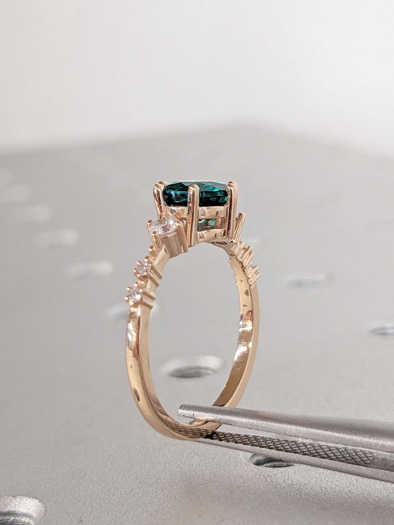 18k Rose Gold Rings for Women | Emerald and Diamond Engagement Ring | Round Green Emerald Ring | Delicate Lab Diamond Cluster Promise Ring