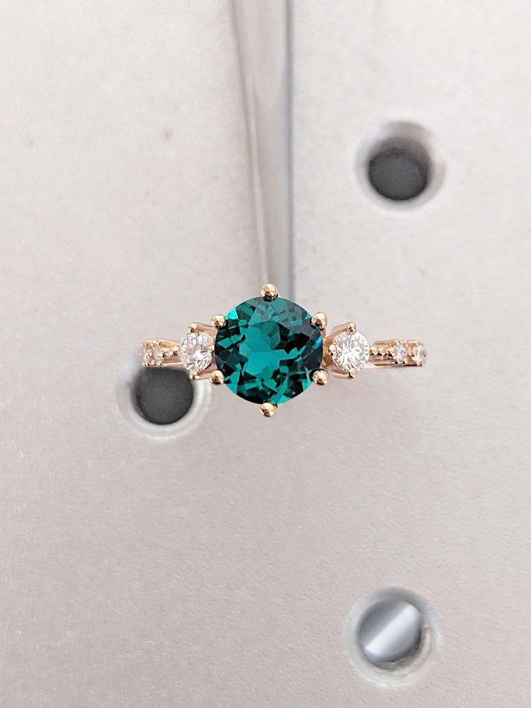 1ct Lab Emerald Round Engagement Ring | 18k Gold Engagement Ring | Emerald and Diamond Rings