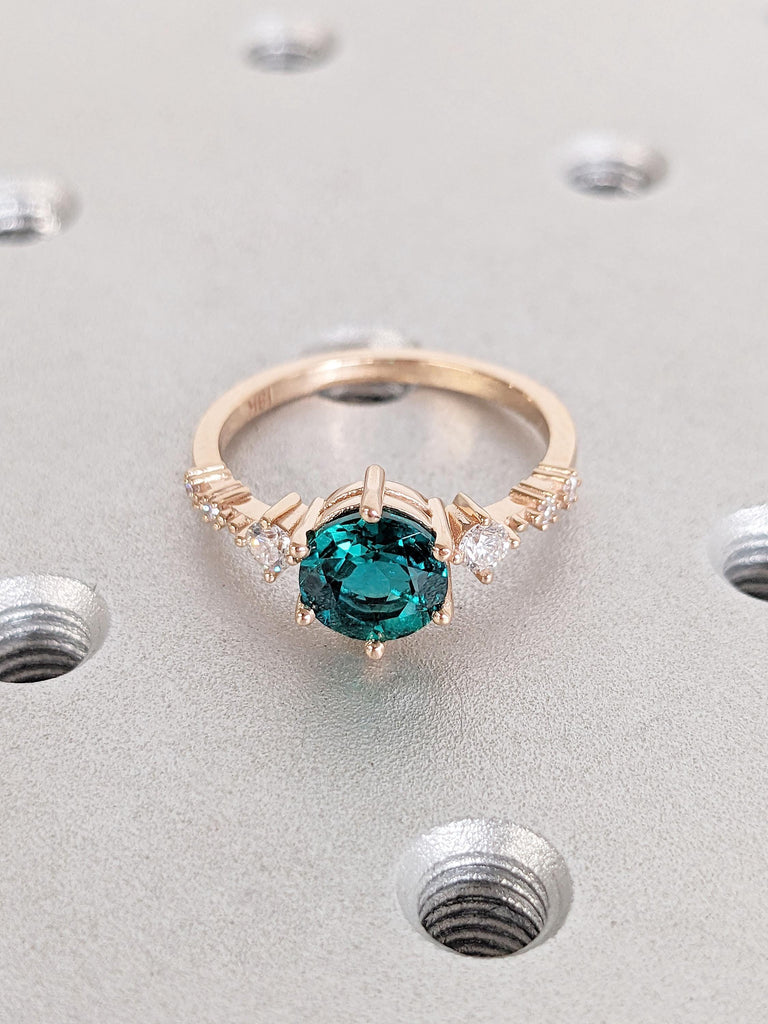 18k Rose Gold Rings for Women | Emerald and Diamond Engagement Ring | Round Green Emerald Ring | Delicate Lab Diamond Cluster Promise Ring