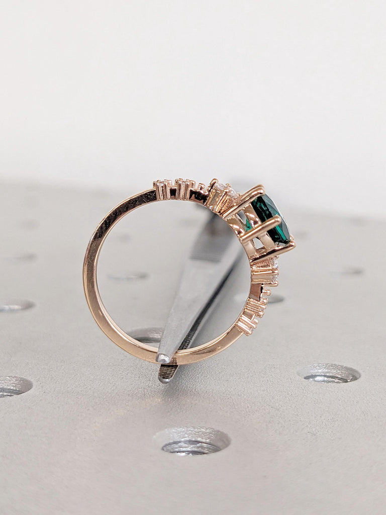 18k Rose Gold Rings for Women | Emerald and Diamond Engagement Ring | Round Green Emerald Ring | Delicate Lab Diamond Cluster Promise Ring