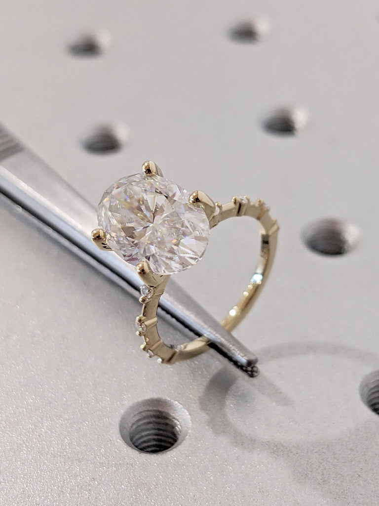Oval Cut Moissanite Engagement Ring, Unique 14k Yellow Gold Statement Ring, Art Deco Eternity Wedding Rings for Women, Birthday Gift for Her