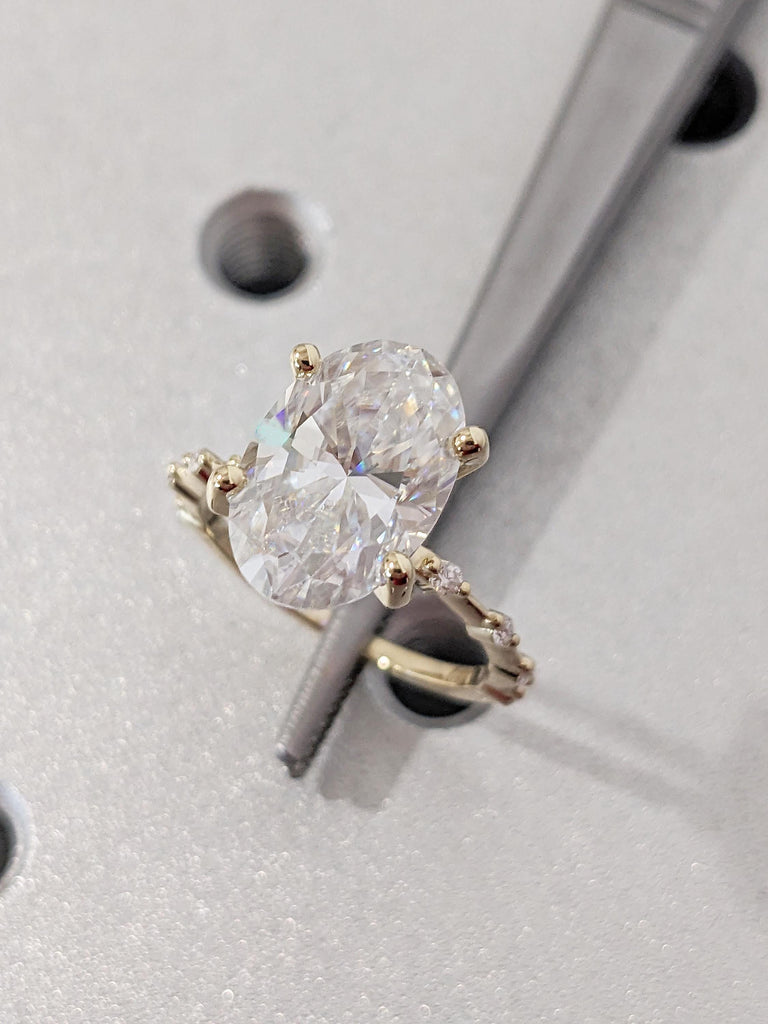 Oval Cut Moissanite Engagement Ring, Unique 14k Yellow Gold Statement Ring, Art Deco Eternity Wedding Rings for Women, Birthday Gift for Her