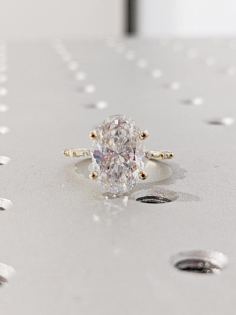 Oval Cut Moissanite Engagement Ring, Unique 14k Yellow Gold Statement Ring, Art Deco Eternity Wedding Rings for Women, Birthday Gift for Her
