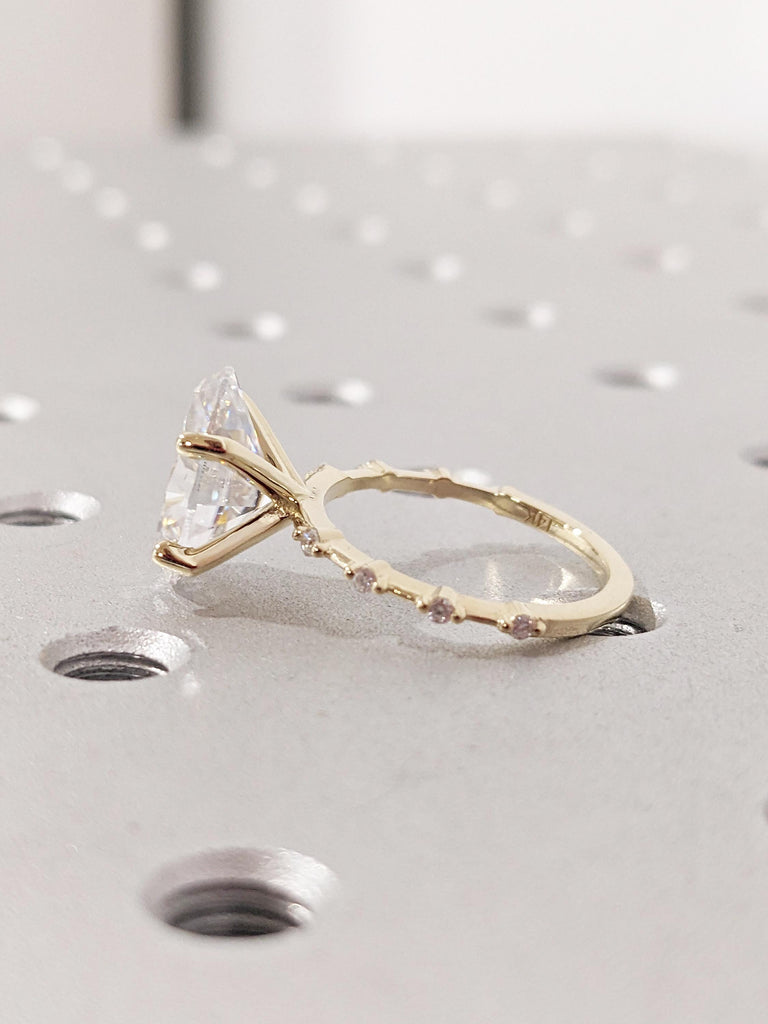 Oval Cut Moissanite Engagement Ring, Unique 14k Yellow Gold Statement Ring, Art Deco Eternity Wedding Rings for Women, Birthday Gift for Her