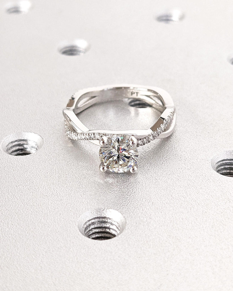 Solitaire Round Moissanite Engagement Ring in Platinum, 14K Gold Dainty Twist Wedding Band, Pave Diamond Twisted Ring, Promise Proposal Ring