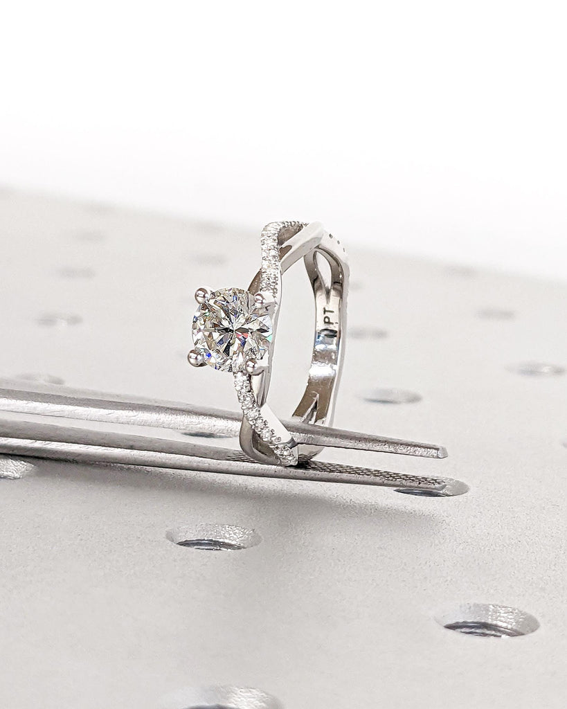 Solitaire Round Moissanite Engagement Ring in Platinum, 14K Gold Dainty Twist Wedding Band, Pave Diamond Twisted Ring, Promise Proposal Ring