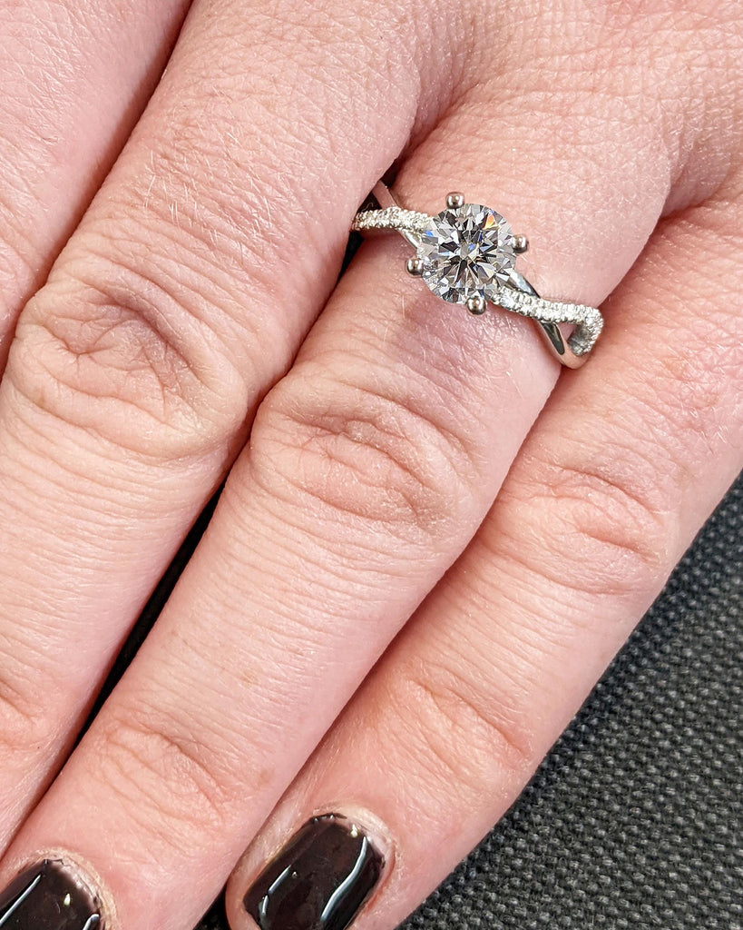 Solitaire Round Moissanite Engagement Ring in Platinum, 14K Gold Dainty Twist Wedding Band, Pave Diamond Twisted Ring, Promise Proposal Ring