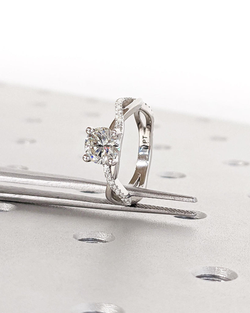 Twist Moissanite Engagement Ring • Platinum • 14K Solid Gold • Twist Band Ring • Diamond Pave Wedding Ring • Modern Anniversary Ring For Her