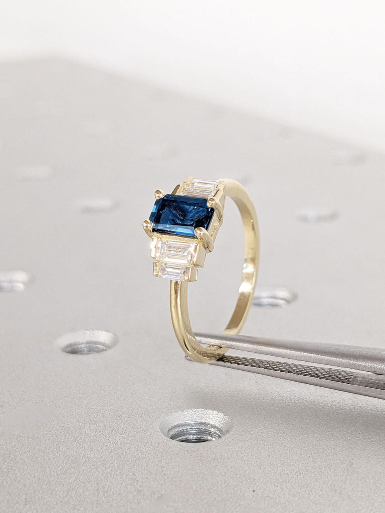 Sapphire and Lab Created Diamond Engagement Ring | Baguette Diamond Ring | Sapphire Yellow Gold Ring