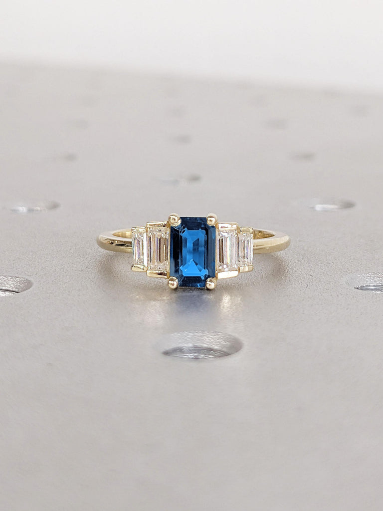 Blue Sapphire Engagement Ring | Lab Sapphire 14k Gold Rings for Women | Emerald cut Engagement Ring