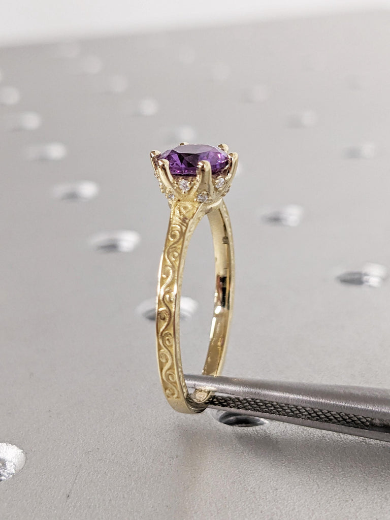 Filigree 14k Yellow Gold Wedding Band | Unique Lab Alexandrite Anniversary Ring | Art Deco Promise Rings for Women | Birthday Gift for Wife