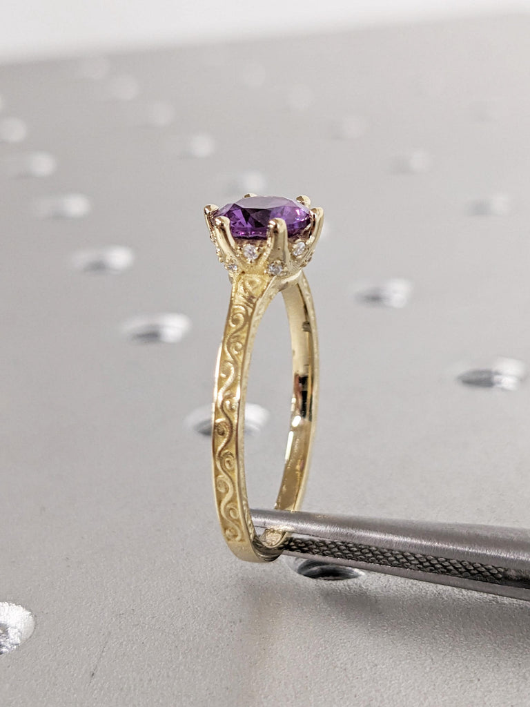 Round Lab Alexandrite Engagement Ring, 14k Yellow Gold Hidden Halo Ring, Vintage Alexandrite Ring, Art Deco Filigree Ring, Anniversary Gift