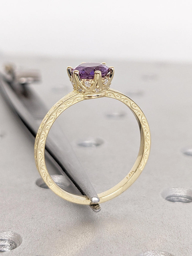 Round Lab Alexandrite Engagement Ring, 14k Yellow Gold Hidden Halo Ring, Vintage Alexandrite Ring, Art Deco Filigree Ring, Anniversary Gift