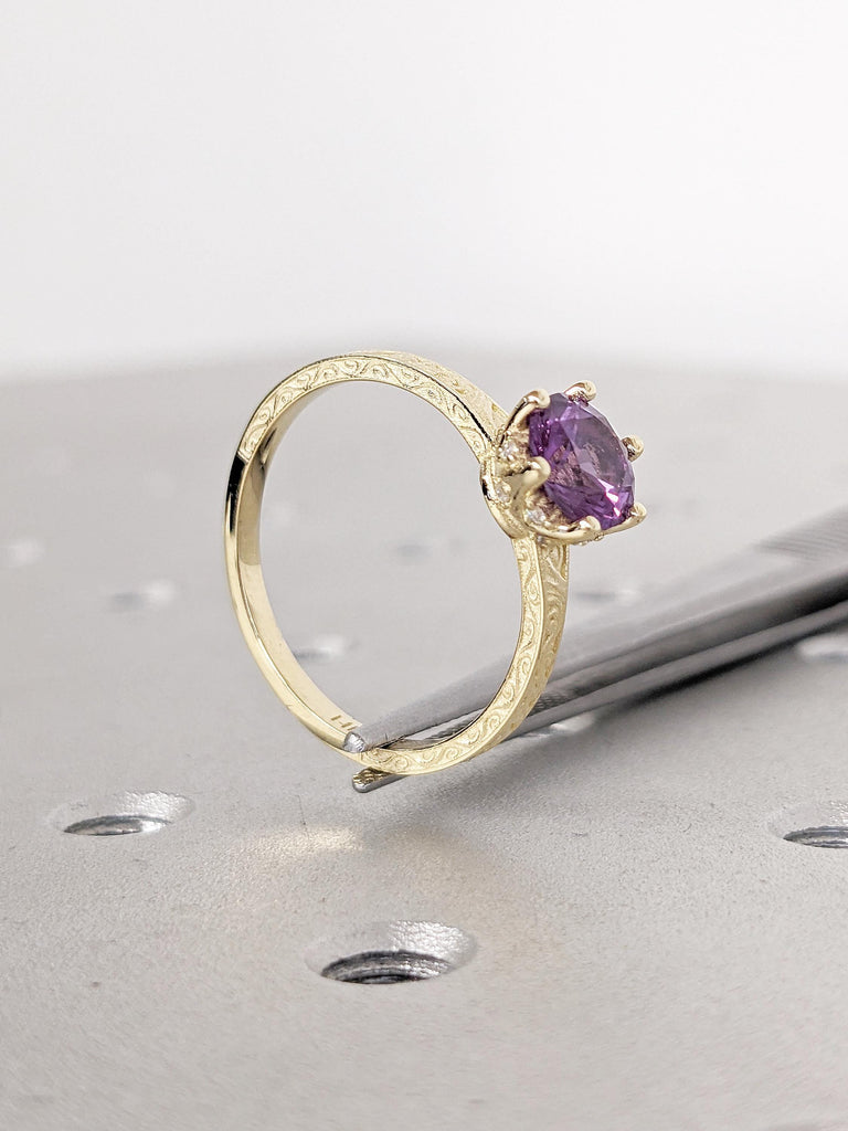 Filigree 14k Yellow Gold Wedding Band | Unique Lab Alexandrite Anniversary Ring | Art Deco Promise Rings for Women | Birthday Gift for Wife