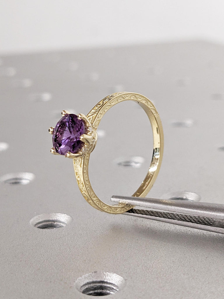 Filigree 14k Yellow Gold Wedding Band | Unique Lab Alexandrite Anniversary Ring | Art Deco Promise Rings for Women | Birthday Gift for Wife
