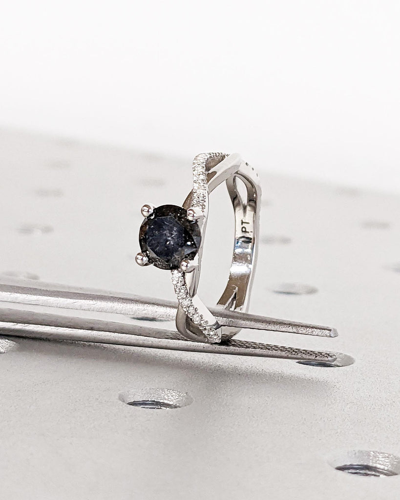 Solitaire Round Salt and Pepper Diamond Engagement Ring in Platinum, Dainty Twist Wedding Band, Pave Diamond Twisted Ring, Gold Promise Ring