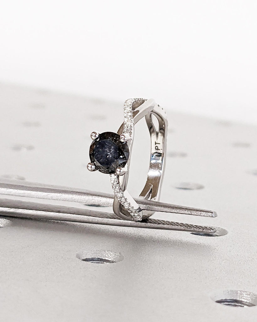 Twist Salt and Pepper Diamond Engagement Ring • Platinum • 14K Solid Gold • Twisted Band Ring • Diamond Pave Wedding Ring • Anniversary Ring