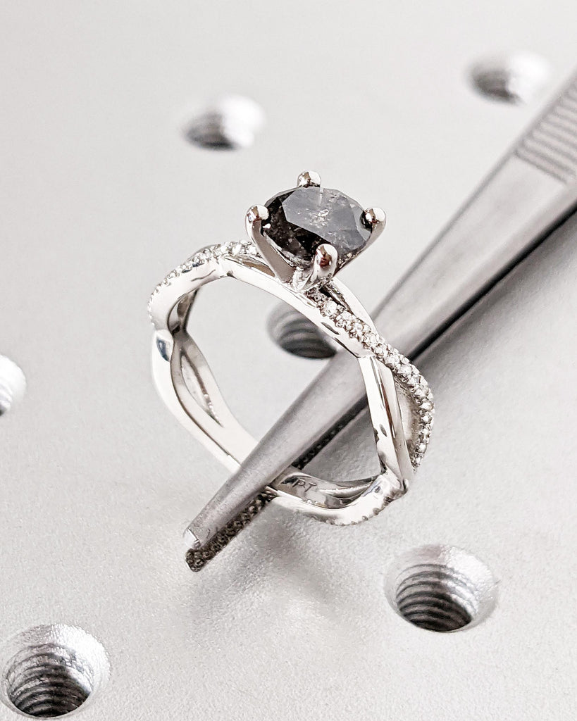 Solitaire Round Salt and Pepper Diamond Engagement Ring in Platinum, Dainty Twist Wedding Band, Pave Diamond Twisted Ring, Gold Promise Ring