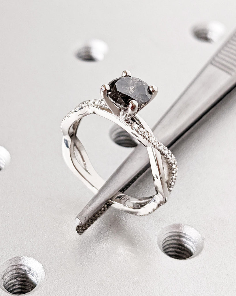 Twist Salt and Pepper Diamond Engagement Ring • Platinum • 14K Solid Gold • Twisted Band Ring • Diamond Pave Wedding Ring • Anniversary Ring