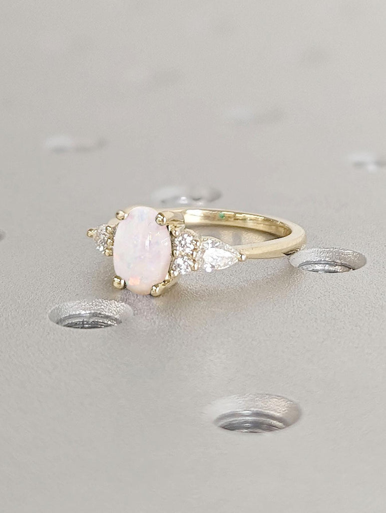 Lab Grown Diamond Cluster Engagement Ring | White Opal, Oval cut Ring | 1ct Engagement Ring