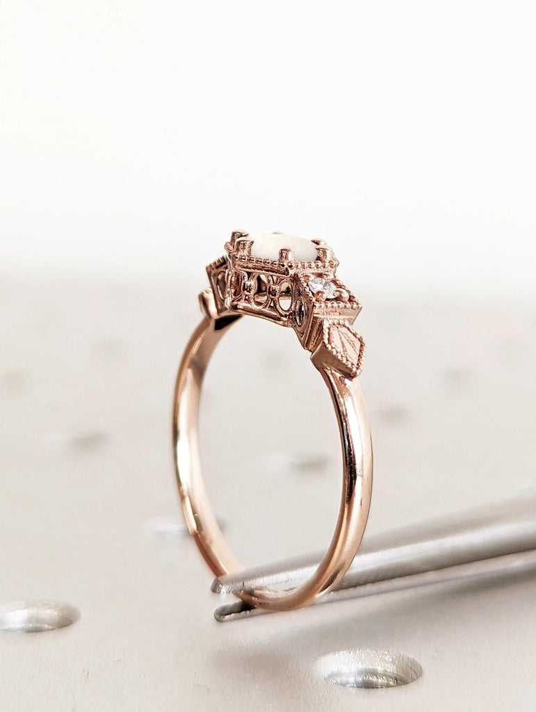Natural Opal Promise Ring Rose Gold | Round Vintage Engagement Ring | Art Deco Ring | Moonstone Gemstone Statement Ring | Anniversary Gift