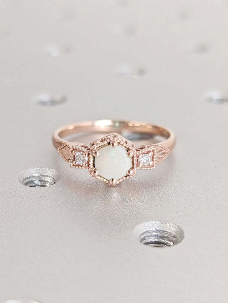 Vintage Opal Ring | Moonstone Engagement Ring | 14k Rose Gold Art Deco Promise Anniversary Ring Gift For Wife