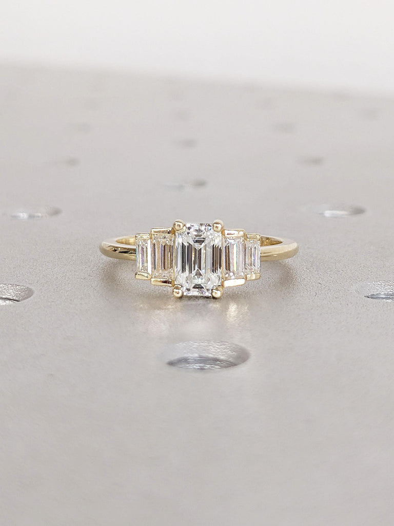 0.5ct Emerald cut Lab Created Diamond Engagement Ring| 14k Gold Rings for Women | Five Stone Wedding Anniversary Ring for Wife