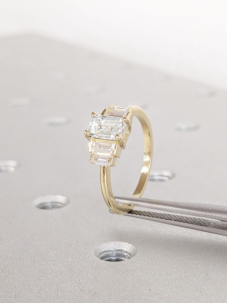 Art Deco Diamond and Moissanite Engagement Ring - 5 Stones Baguette Ring | Gold Wedding Ring Women | Vintage Diamond Ring, Promise Ring By Braverman Jewelry