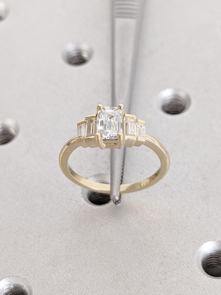 Emerald cut Engagement Ring | Baguette Moissanite Cluster Ring | 0.5ct Moissanite 14k Yellow Gold Ring