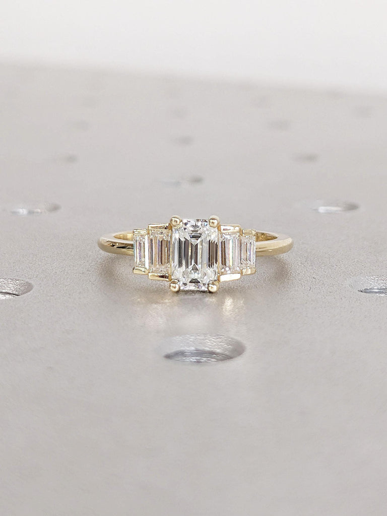 VVS Moissanite and Diamond Engagement Ring | Emerald cut Moissanite 14k Gold Rings for Women | Yellow Gold Engagement Ring