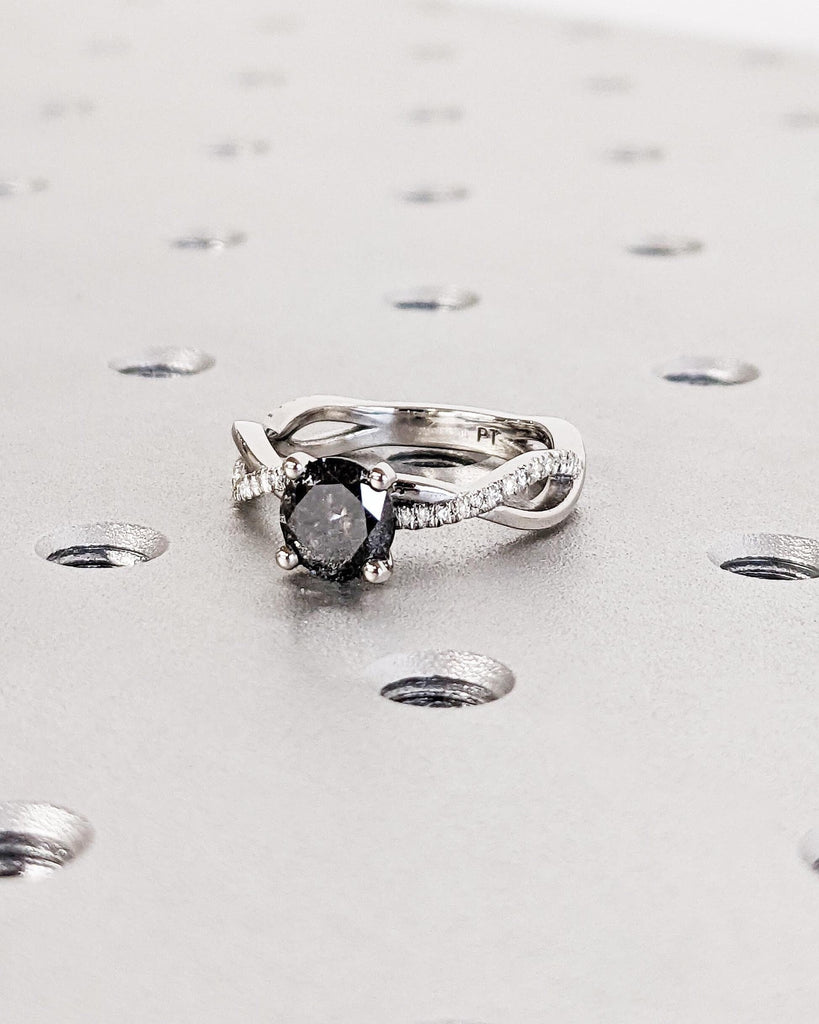 Twist Salt and Pepper Diamond Engagement Ring • Platinum • 14K Solid Gold • Twisted Band Ring • Diamond Pave Wedding Ring • Anniversary Ring