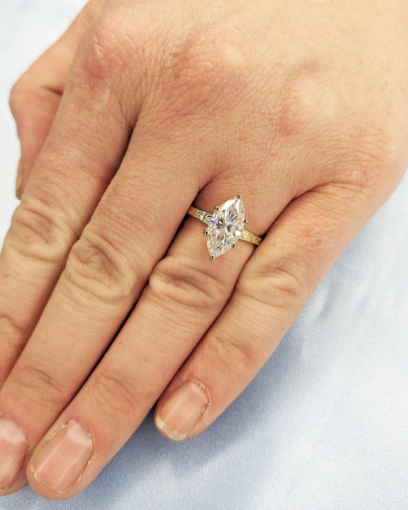 Marquise Cut Moissanite Ring Vintage Moissanite Engagement Ring Solid Gold Unique Classic Solitaire Engagement Ring Filigree Hand Carved