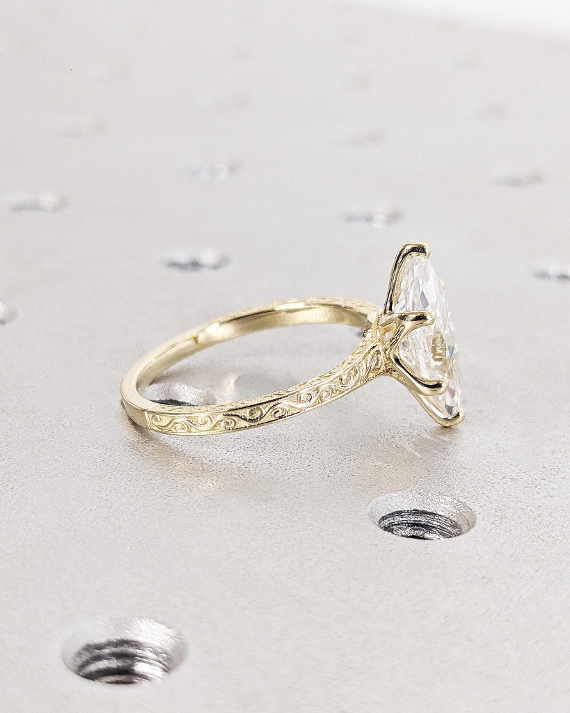 Marquise Cut Moissanite Ring Vintage Moissanite Engagement Ring Solid Gold Unique Classic Solitaire Engagement Ring Filigree Hand Carved