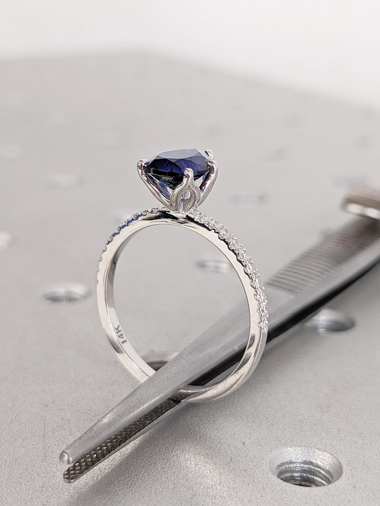 Pear Cut Lab Sapphire Engagement Ring, 14k White Gold Promise Rings for Women, Diamond Half Eternity Ring, Blue Sapphire Ring, Bridal Gift