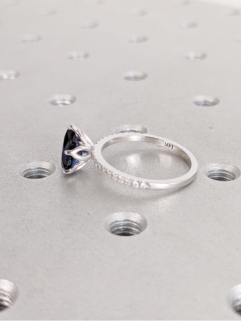 Pear Cut Lab Sapphire Engagement Ring, 14k White Gold Promise Rings for Women, Diamond Half Eternity Ring, Blue Sapphire Ring, Bridal Gift