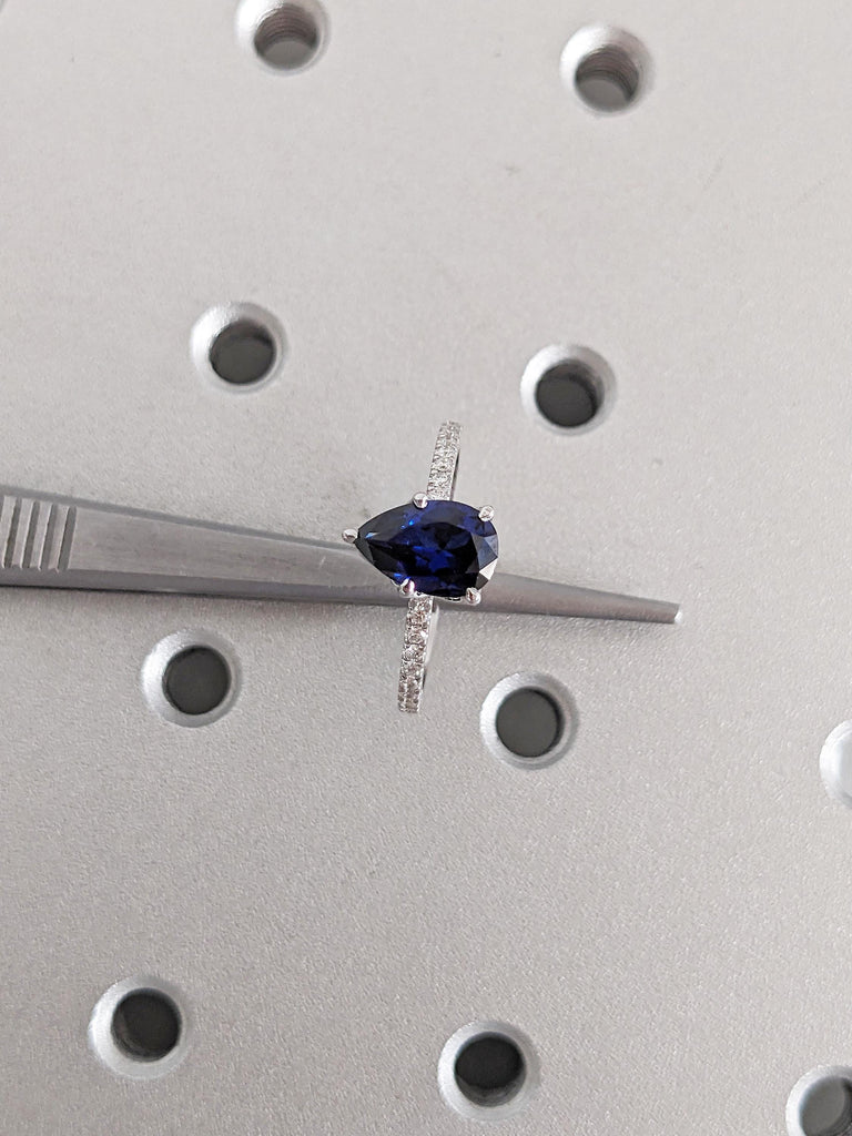 Pear Cut Lab Sapphire Engagement Ring, 14k White Gold Promise Rings for Women, Diamond Half Eternity Ring, Blue Sapphire Ring, Bridal Gift