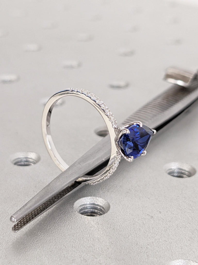 Pear Cut Lab Sapphire Engagement Ring, 14k White Gold Promise Rings for Women, Diamond Half Eternity Ring, Blue Sapphire Ring, Bridal Gift