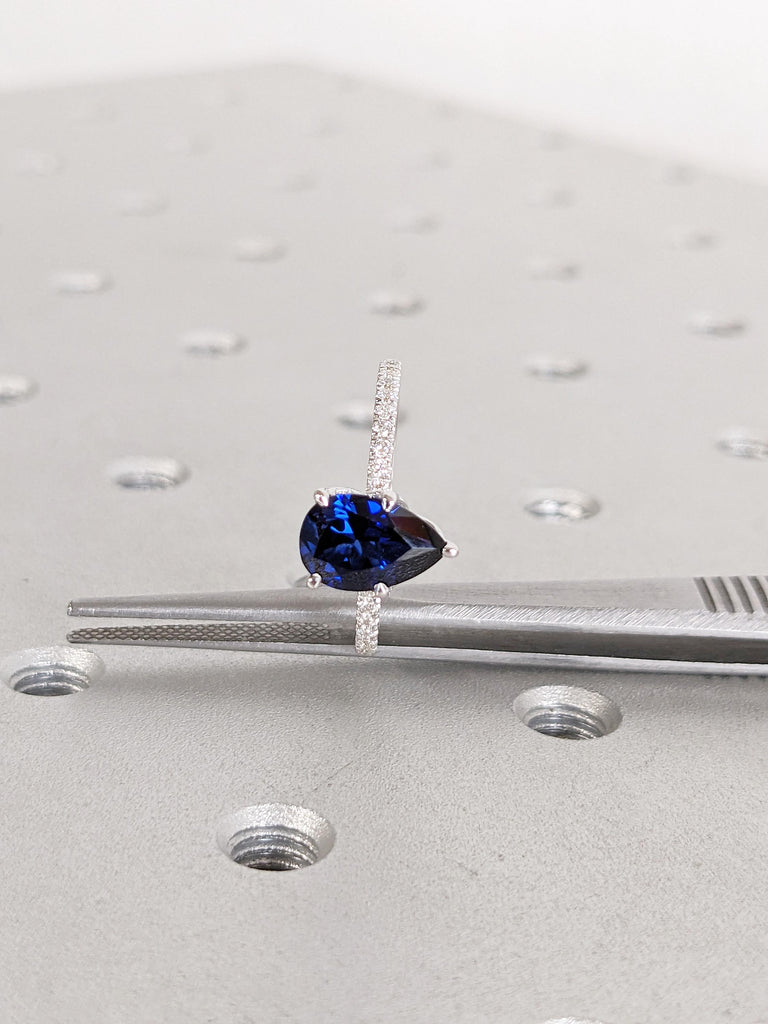 Pear Cut Lab Sapphire Engagement Ring, 14k White Gold Promise Rings for Women, Diamond Half Eternity Ring, Blue Sapphire Ring, Bridal Gift