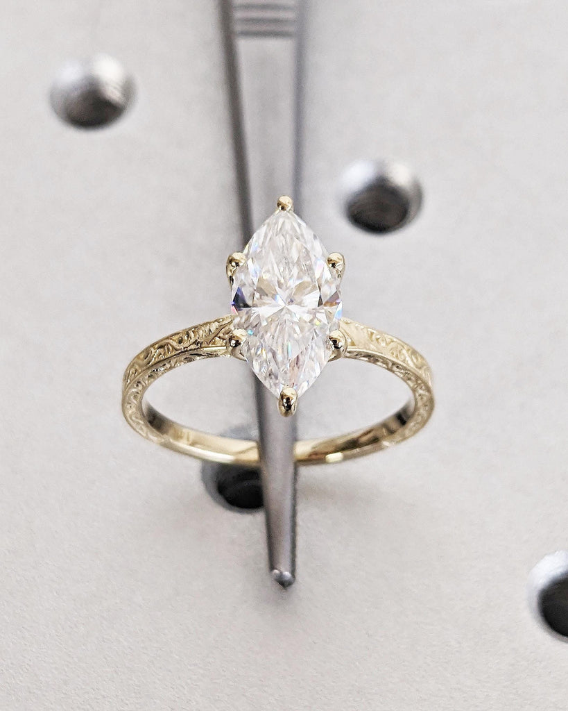 Marquise Cut Moissanite Ring Vintage Moissanite Engagement Ring Solid Gold Unique Classic Solitaire Engagement Ring Filigree Hand Carved