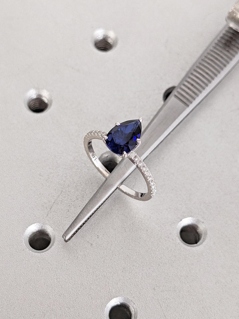 Pear Cut Lab Sapphire Engagement Ring, 14k White Gold Promise Rings for Women, Diamond Half Eternity Ring, Blue Sapphire Ring, Bridal Gift